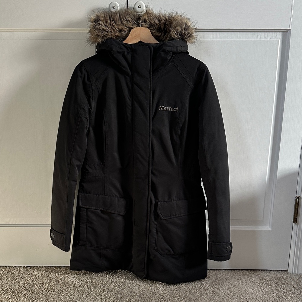 Marmot Black Coat with Faux Fur Trim